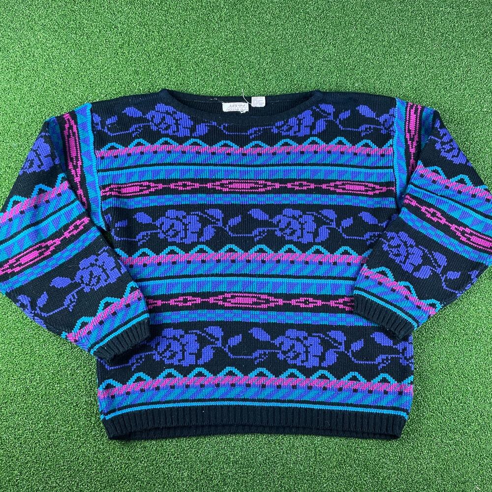Vintage 80s Country Craft Neon Knit Grandma Sweater Sz 40